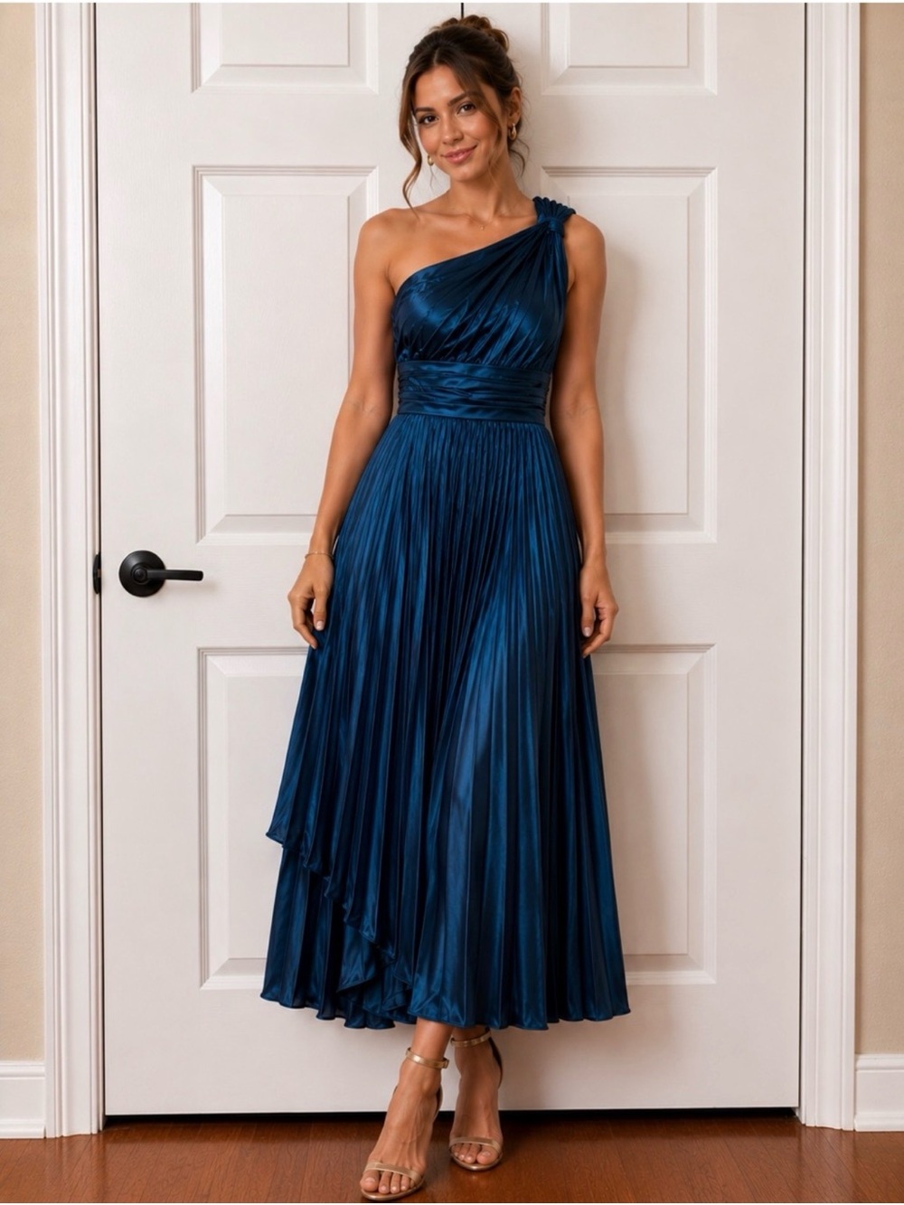 One-Shoulder Teal Pleated Evening Dress